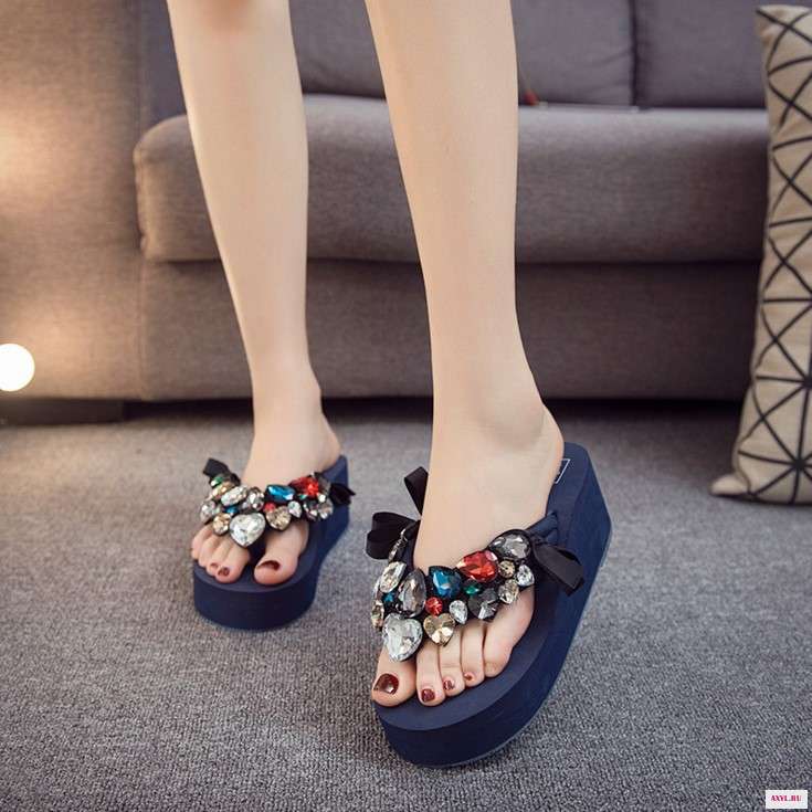 2019 Summer New Luxury Crystal Slippers Bow Womens Cheap Black Platform High Heels Comfortable Flip Flops Shoes Discount6