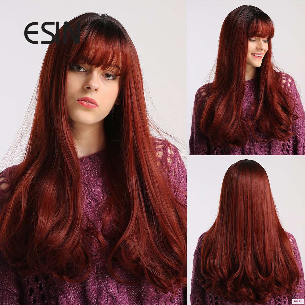 ESIN Wine Red Long Natural Wave Wig with Air Bangs Daily Straight Synthetic Wigs for Women Heat Resistant Hair | - Цена: 