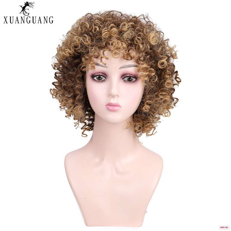 Perruque synthétique courtes perruques bouclées pour femmes cheveux bruns fibre haute température mixte couleur - Цена: 