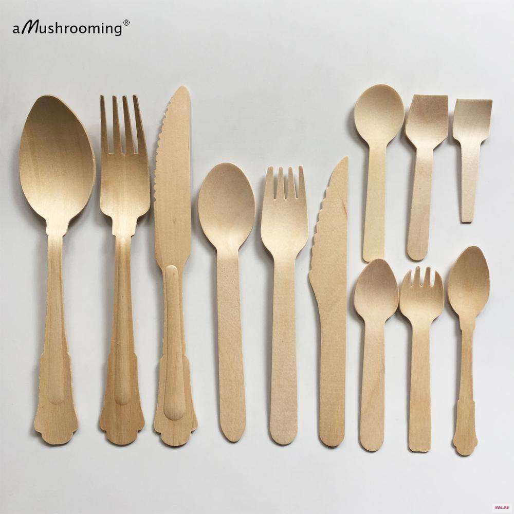 100x Disposable Cutlery Wooden Flat Spoons - Wedding Party Utensils Mini Dessert Large Sizes Spoon Fork Knife 7cm to - Цена: 950,93 - 1 902,65 руб. / lot
