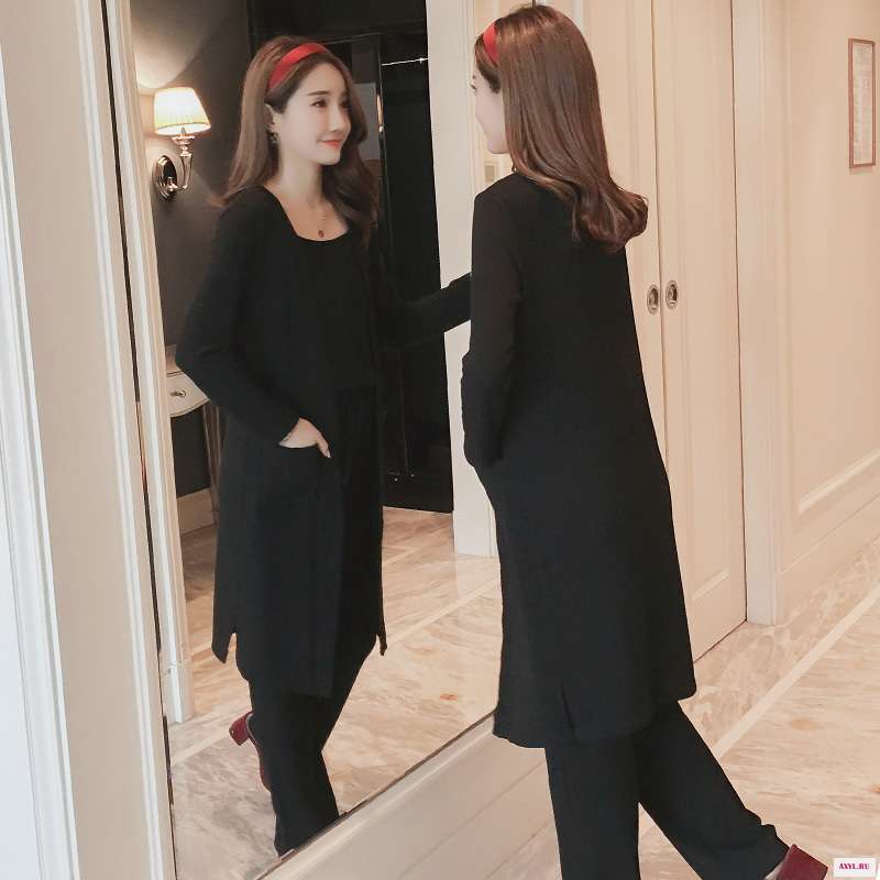 Pregnant Women's Spring Suit 2019 New Fashionable Knitted Jacket Wide-legged Trousers Wear Three Sets - Цена: 
