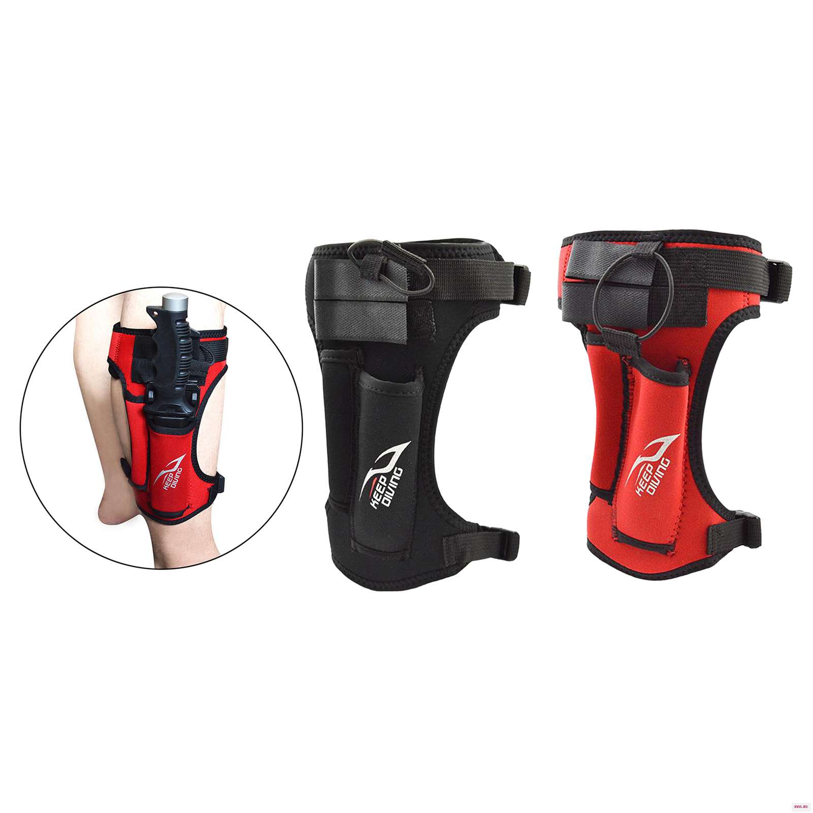 Neoprene Diving Knife Strap Holder with 2 Pockets, Hook & Loop Closure Wrap
