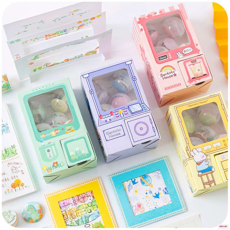 Kawaii Веселая шкатулка капсулы счастливая машина и бумажная лента комбинированная Печать inkpad набор значков