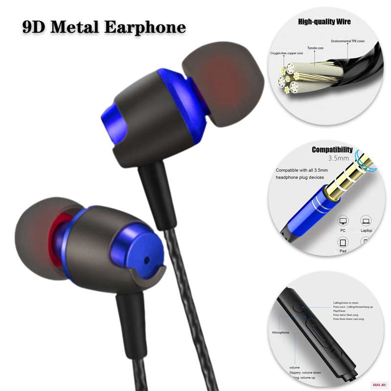 Металлические наушники вкладыши 9D 2 шт. проводная Hi Fi гарнитура для телефонов Samsung Huawei Xiaomi|Наушники и