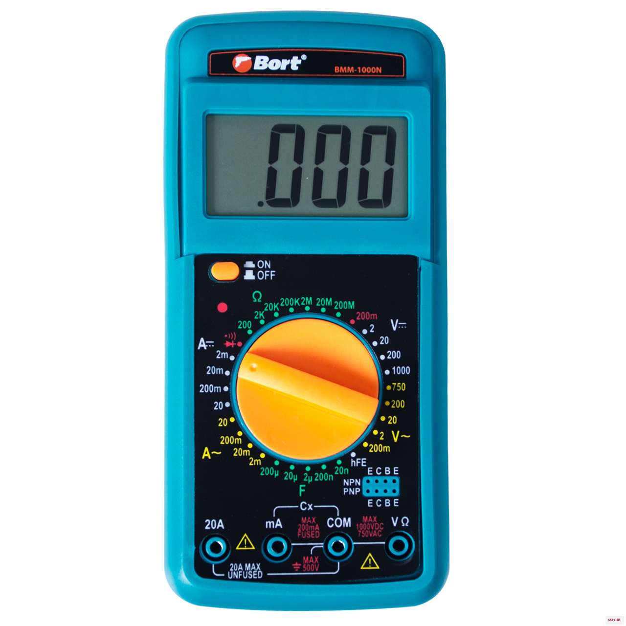 Мультитестер Bort BMM-1000N (измерение постоянного тока до 1000 В, переменного тока, сопротивления, корпус с выдвижной подставкой и резиновым чехлом, щупы батарея в комплекте)