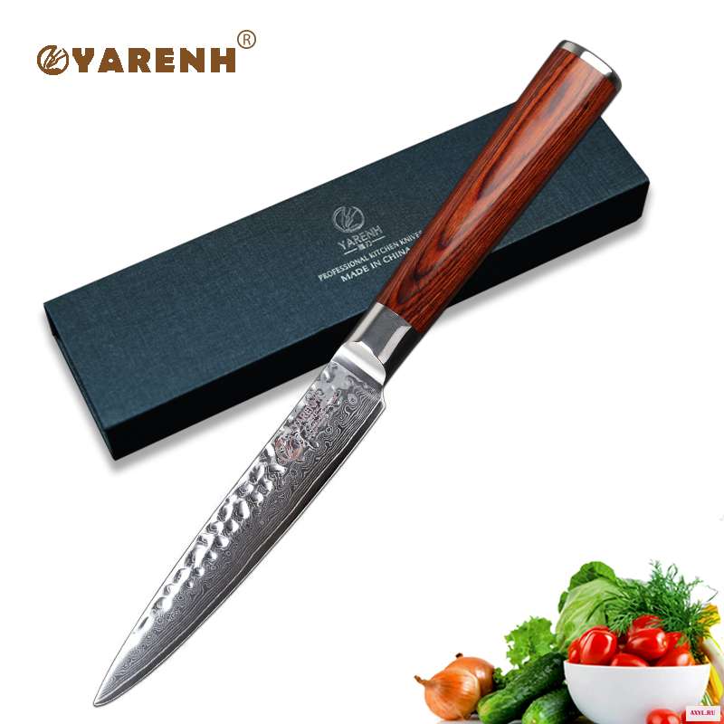 YARENH 5 дюймов нож дамасская сталь кухонный шеф повара с красной деревянной ручкой японский VG10 фрукты пилинг