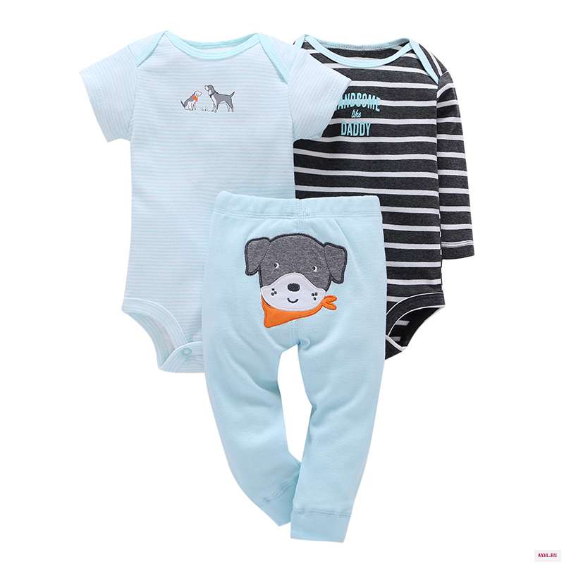 Baby Boys girl Clothing Set 3pcs/Set Blue Dog Trousers + 2pcs Striped Climbing clothes 0-2Y baby 2018 Spring Suit Baby Clothes