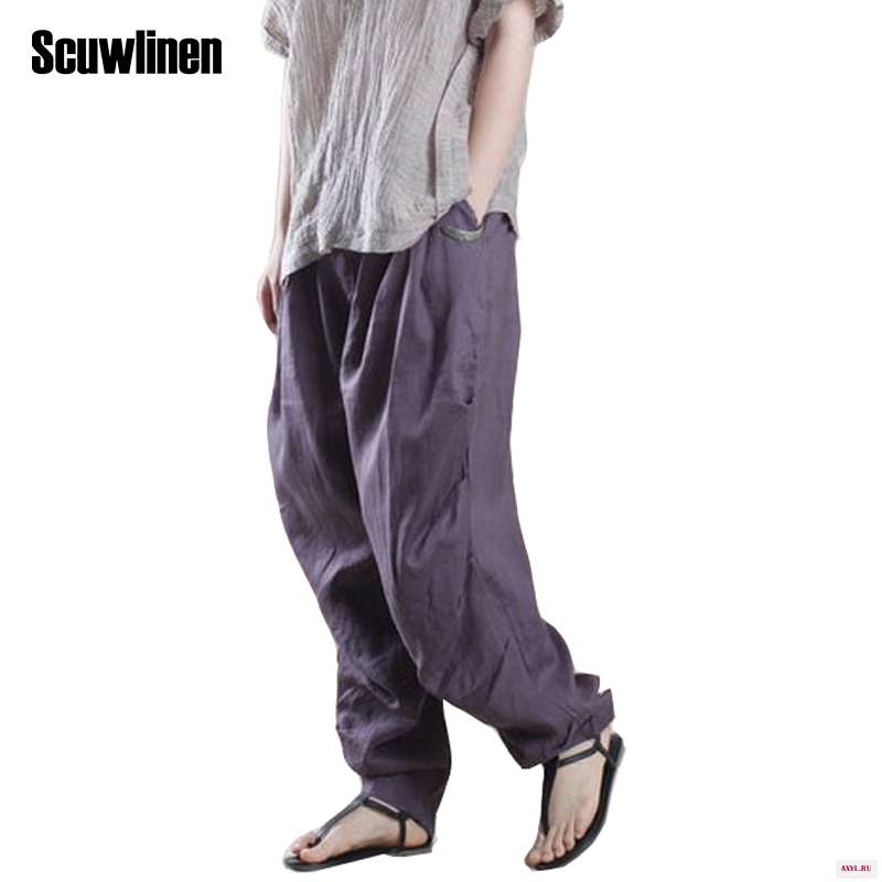 Женские льняные шаровары SCUWLINEN Свободные плиссированные однотонные брюки с широкими штанинами