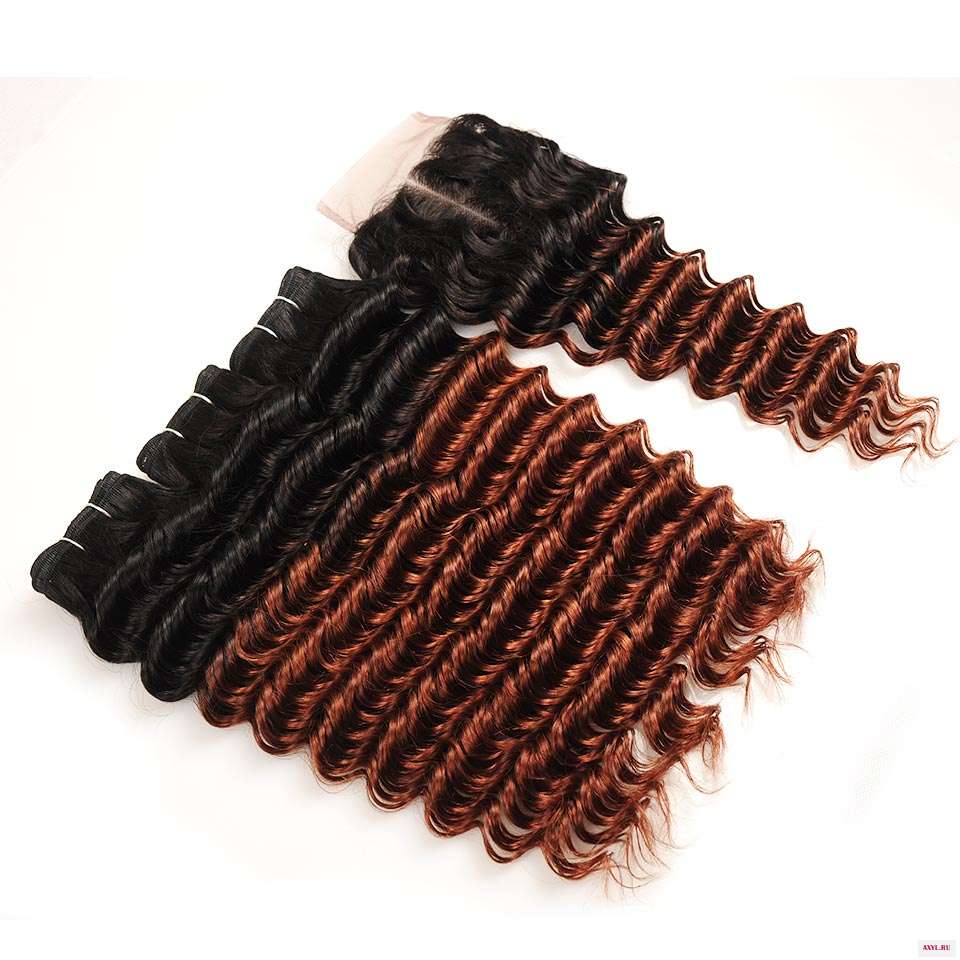 Pinshair Pre-Colored T1B33 Ombre Peruvian Deep Wave Hair 3 Bundles With 4X4 Lace Closure Middle Part 100% Human Hair  Non Remy (7)