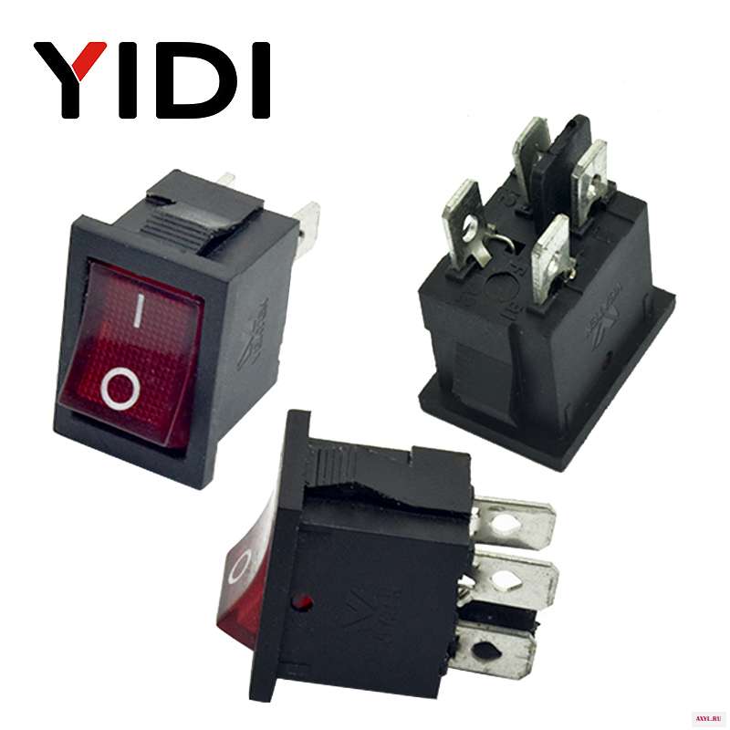 6A 250VAC KCD1 104 кулисный переключатель 4pin вкл. Выкл дпст 12 В 220 красная лампа черный защелкивающий 15x21