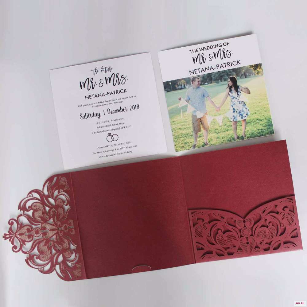 Elegant Laser Cut Wedding Invitation Set Wine Red Pocket Fold Invitation Unique Wedding Invite