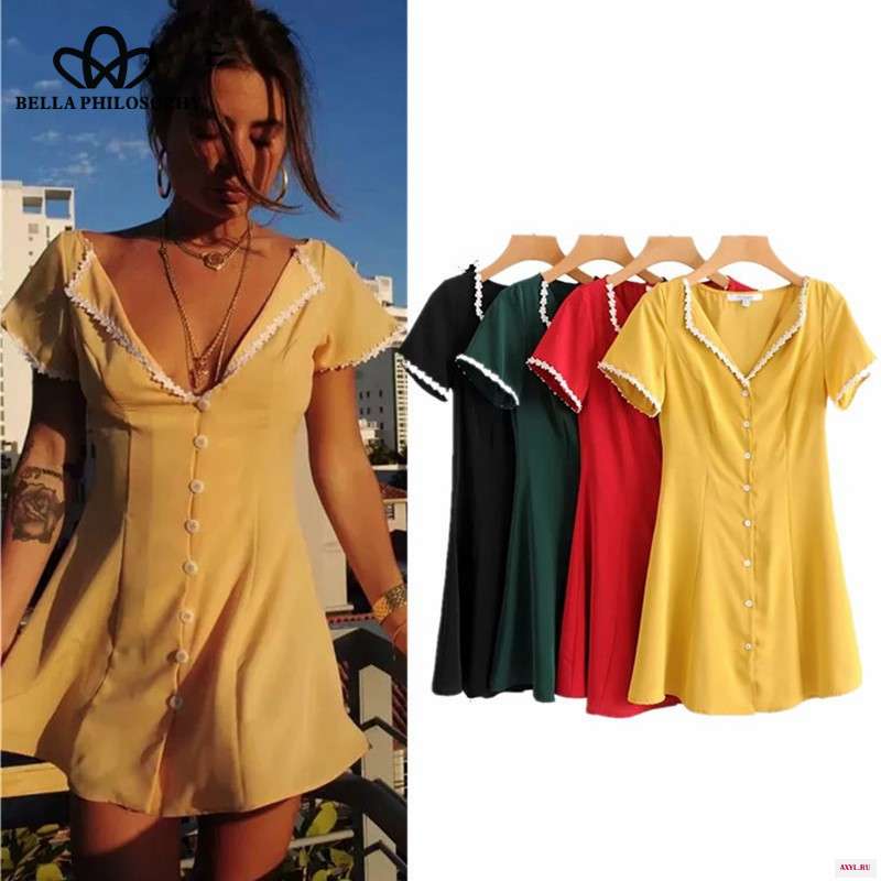 Wonder Store 2019 new Women Fashion Sexy Short Dress Vintage V Neck Lace Mini Dress Female Casual Holiday Beach Dress Vestidos