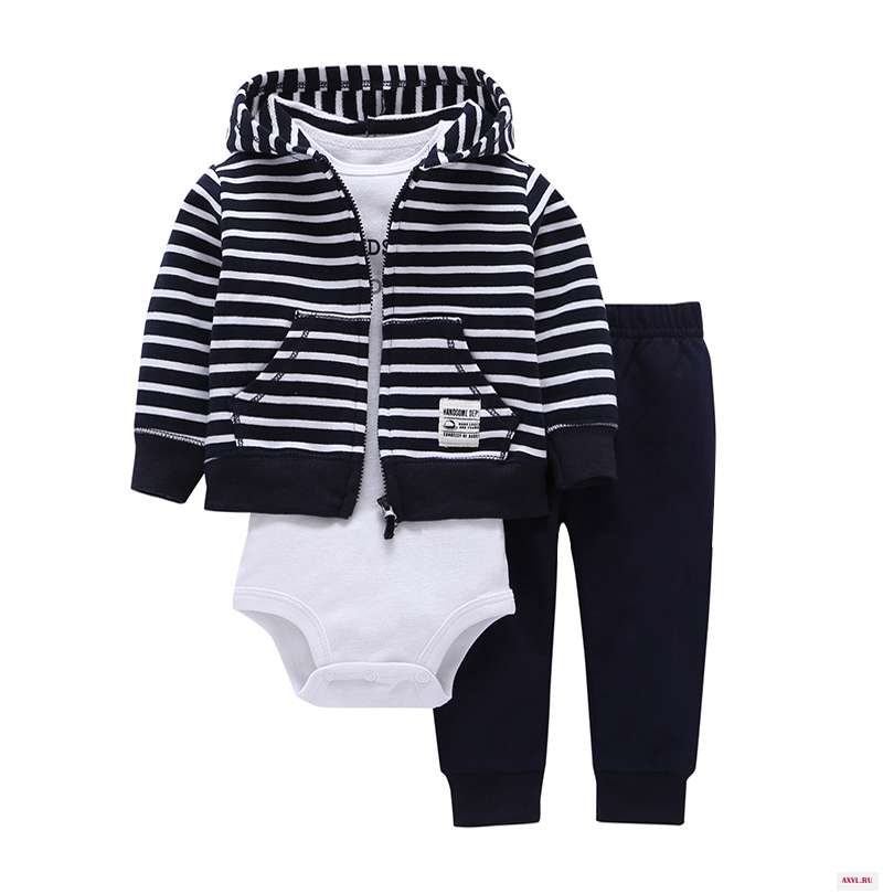 autumn winter baby clothes cotton long sleeve hoodies stripe coat zipper+romper white+pants newbron baby boy girls clothing set