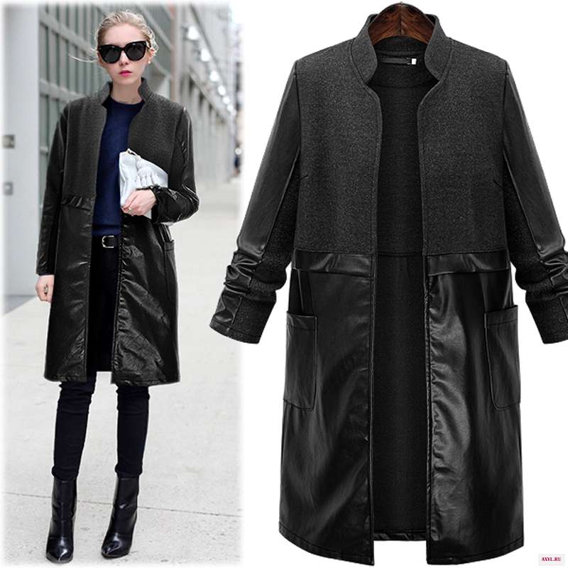 Autumn Women Leather Jacket Fashion Plus Size L-5XL Long Coats Woolen Wind Coat Stylish European American Female Warm - Цена: 
