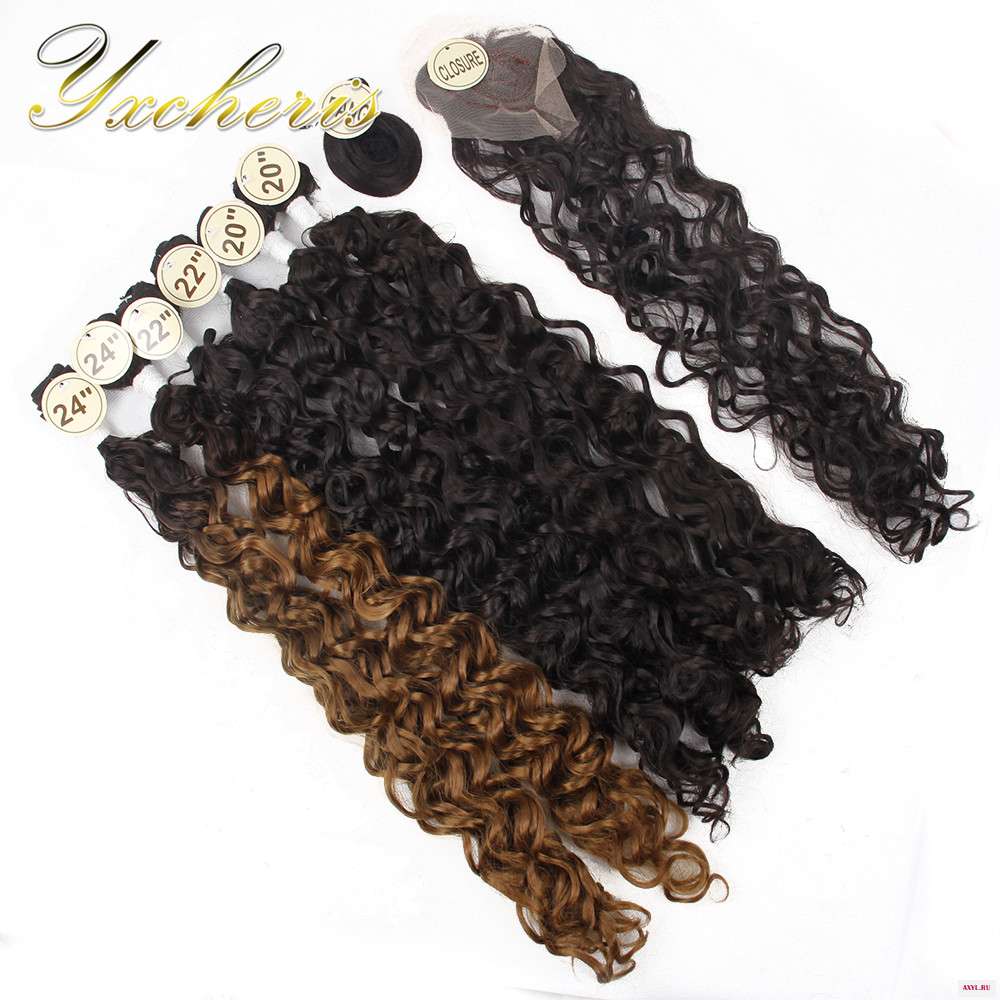 YXCHERISHAIR 20&quot 22&quot 24&quot Synthetic Weave Hair Bundles with Closure and Bang Double Weft Curly Weaving | - Цена: 