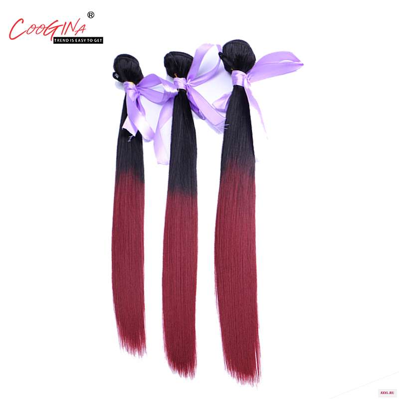 Coogina Women Afro Straight Synthetic Hair One Bundles Weaving Extensions Double Weft Ombre Color 1B/99J 16 18 20inchs - Цена: 