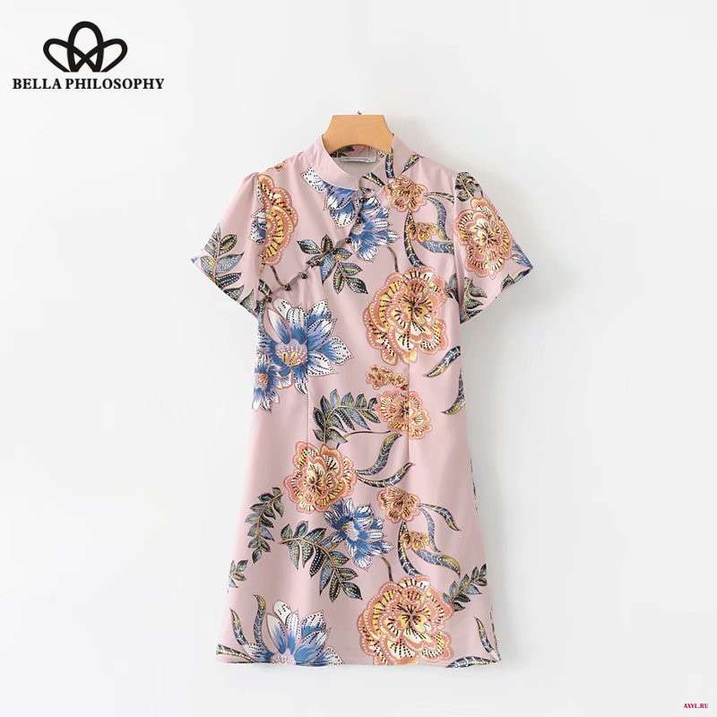 Wonder 2019 new  elegant floral print mini dress mandarin collar short sleeve side zipper Chinese style female sexy cheongsam