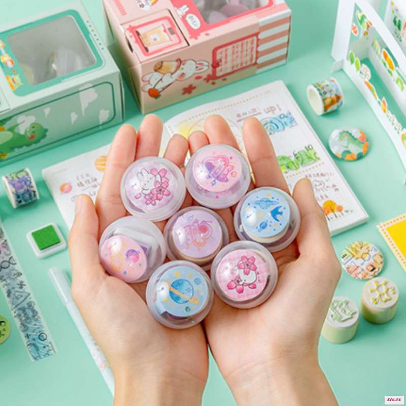 Kawaii Веселая шкатулка капсулы счастливая машина и бумажная лента комбинированная Печать inkpad набор значков