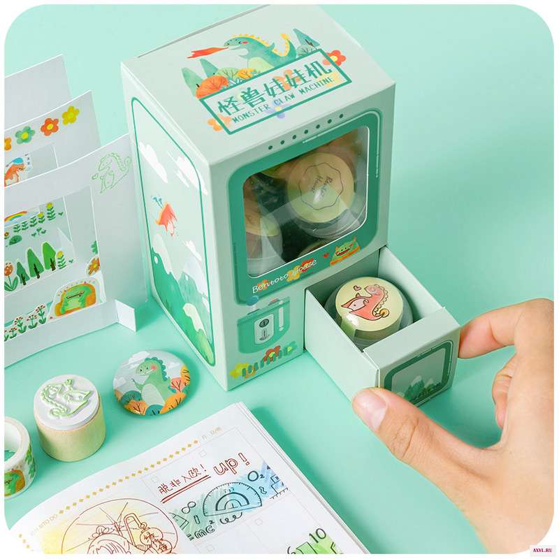 Kawaii Веселая шкатулка капсулы счастливая машина и бумажная лента комбинированная Печать inkpad набор значков